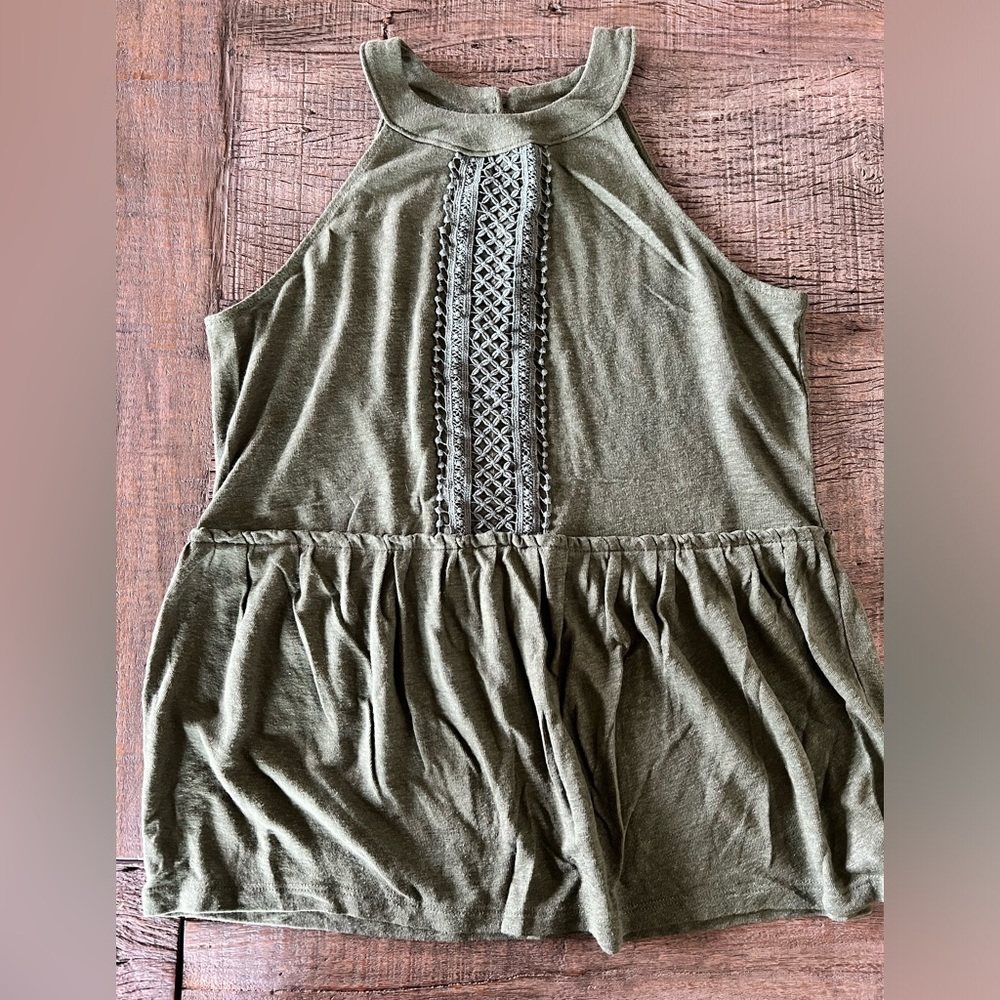 Medium Tall green high neck tank, button closure.